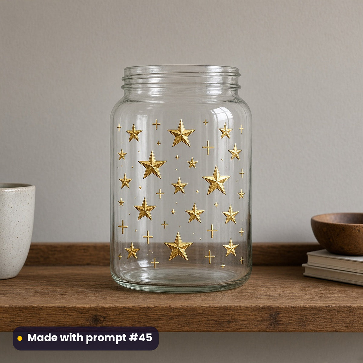 Black & Gold Christmas artwork on a UV DTF decal on a glass jar: star scatter, made with prompt #45 from this pack