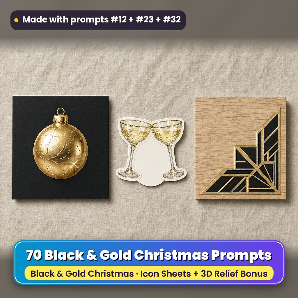 Black & Gold Christmas Icon Sheet Prompts: 70 prompts + 3D Relief bonus, with a printed greeting card, sticker and wooden plaque made with prompts #12, #23 and #32