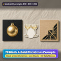 Black & Gold Christmas Icon Sheet Prompts: 70 prompts + 3D Relief bonus, with a printed greeting card, sticker and wooden plaque made with prompts #12, #23 and #32