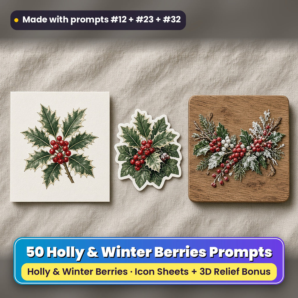 Holly & Winter Berries Christmas Icon Sheet Prompts: 50 prompts + 3D Relief bonus, with a printed greeting card, sticker and wooden plaque made with prompts #12, #23 and #32