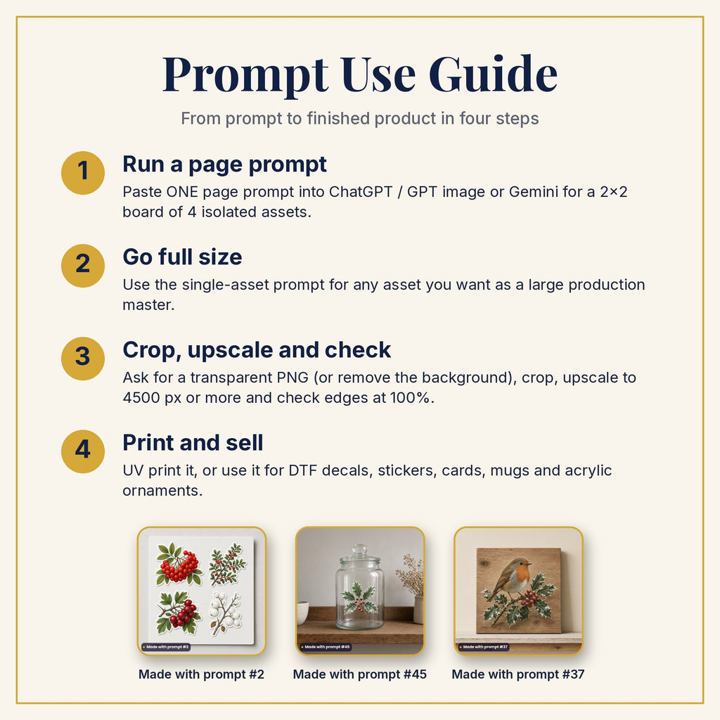 Prompt Use Guide: run a page prompt, go full size, crop and upscale, then print and sell, with products made with prompts #2, #45 and #37