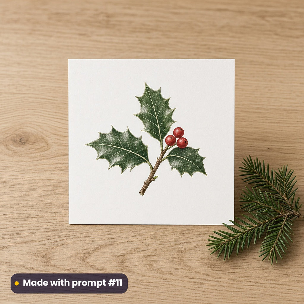 Holly & Winter Berries artwork on a flat-printed greeting card: holly sprig, made with prompt #11 from this pack