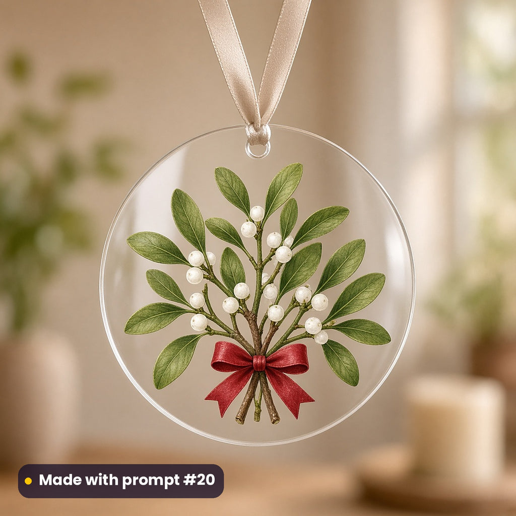 Holly & Winter Berries artwork on a UV-printed clear acrylic ornament: mistletoe bunch, made with prompt #20 from this pack