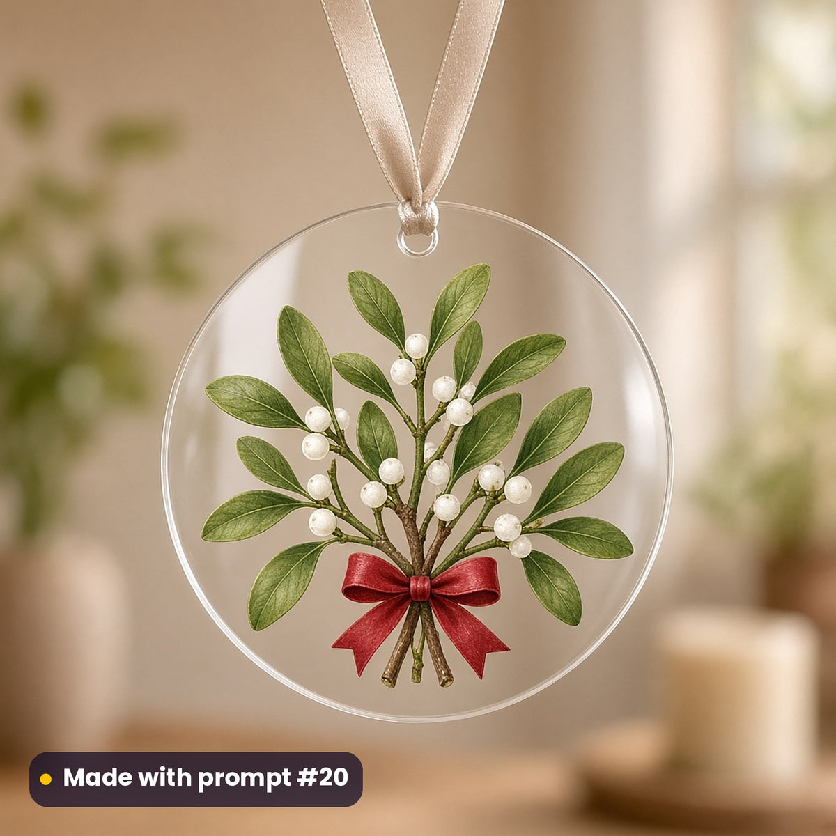 Holly & Winter Berries artwork on a UV-printed clear acrylic ornament: mistletoe bunch, made with prompt #20 from this pack