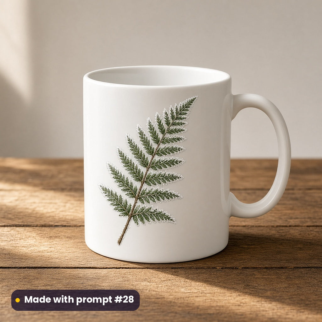 Holly & Winter Berries artwork on a UV-printed ceramic mug: frosted fern, made with prompt #28 from this pack