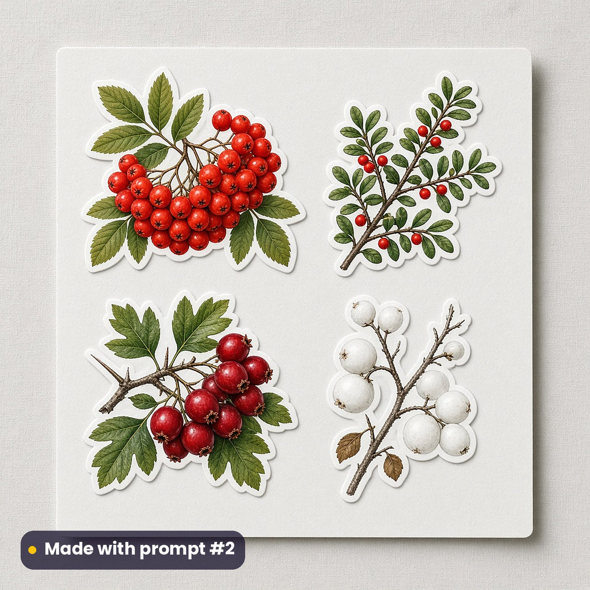 Holly & Winter Berries artwork on a die-cut vinyl sticker sheet: a sheet of four assets from page p02: winter berries, made with prompt #2 from this pack