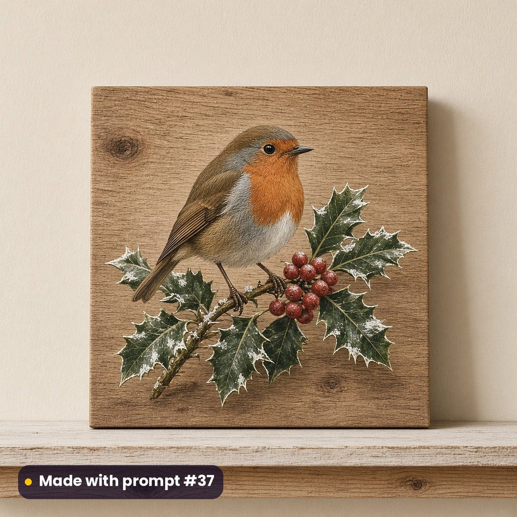 Holly & Winter Berries artwork on a UV-printed wooden plaque: robin on holly, made with prompt #37 from this pack