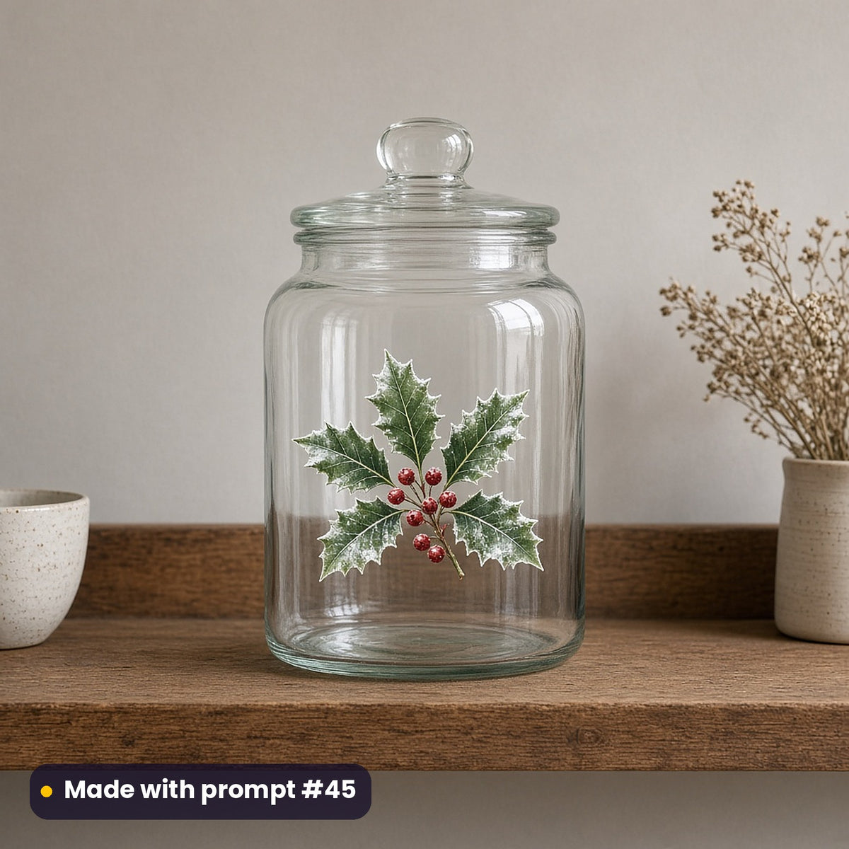 Holly & Winter Berries artwork on a UV DTF decal on a glass jar: leaf scatter, made with prompt #45 from this pack