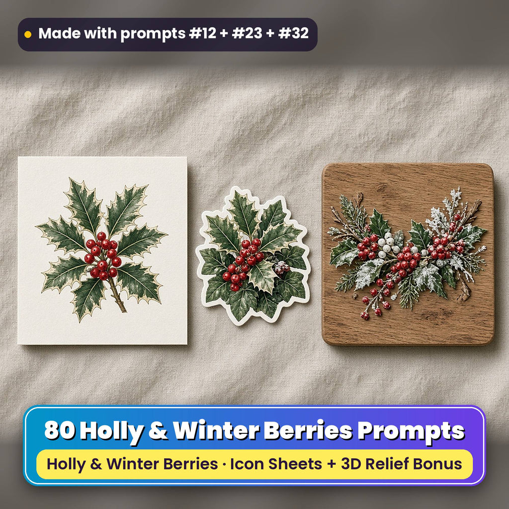 Holly & Winter Berries Christmas Icon Sheet Prompts: 80 prompts + 3D Relief bonus, with a printed greeting card, sticker and wooden plaque made with prompts #12, #23 and #32