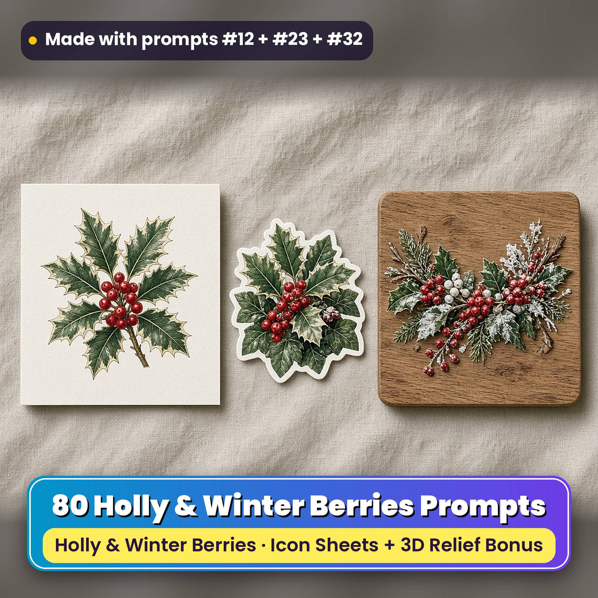 Holly & Winter Berries Christmas Icon Sheet Prompts: 80 prompts + 3D Relief bonus, with a printed greeting card, sticker and wooden plaque made with prompts #12, #23 and #32
