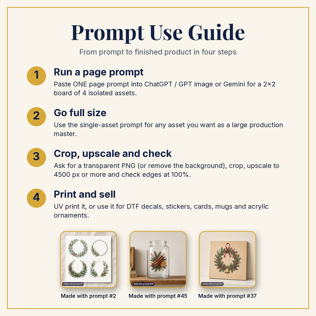 Prompt Use Guide: run a page prompt, go full size, crop and upscale, then print and sell, with products made with prompts #2, #45 and #37