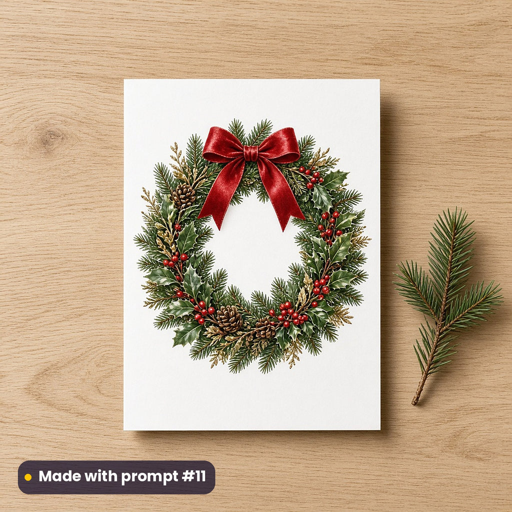 Christmas Wreath Collection artwork on a flat-printed greeting card: traditional holly wreath, made with prompt #11 from this pack