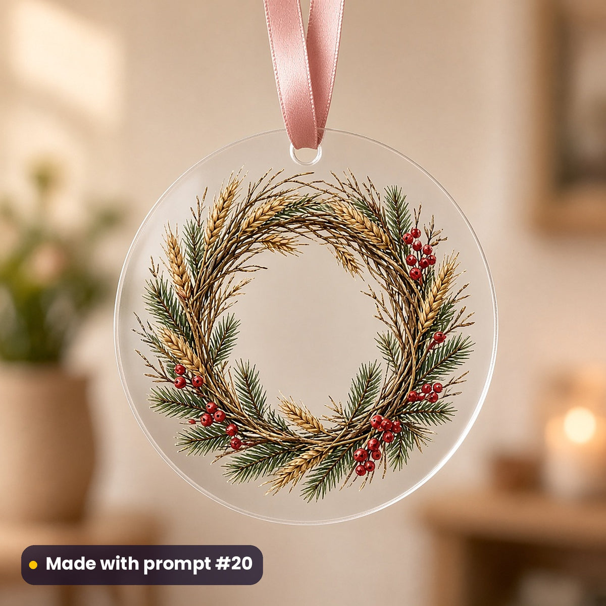 Christmas Wreath Collection artwork on a UV-printed clear acrylic ornament: wheat and twig wreath, made with prompt #20 from this pack