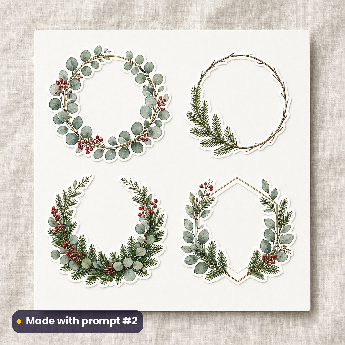 Christmas Wreath Collection artwork on a die-cut vinyl sticker sheet: a sheet of four assets from page p02: modern wreaths, made with prompt #2 from this pack