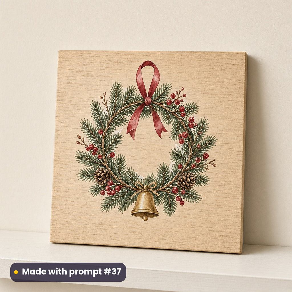 Christmas Wreath Collection artwork on a UV-printed wooden plaque: ornament wreath, made with prompt #37 from this pack