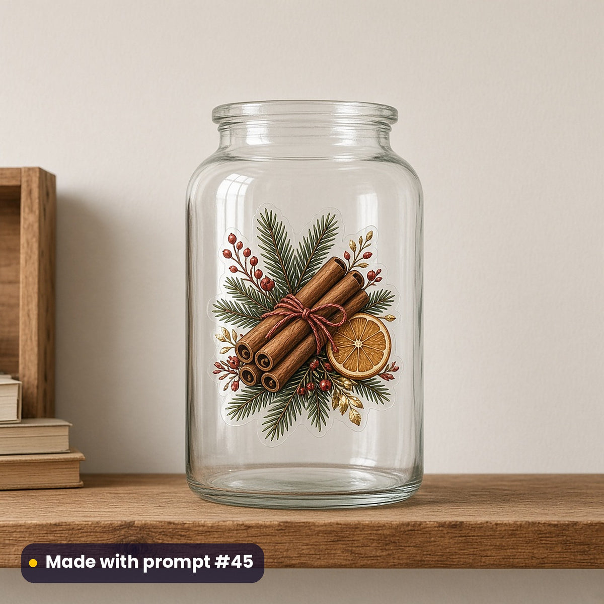 Christmas Wreath Collection artwork on a UV DTF decal on a glass jar: cinnamon bundle, made with prompt #45 from this pack