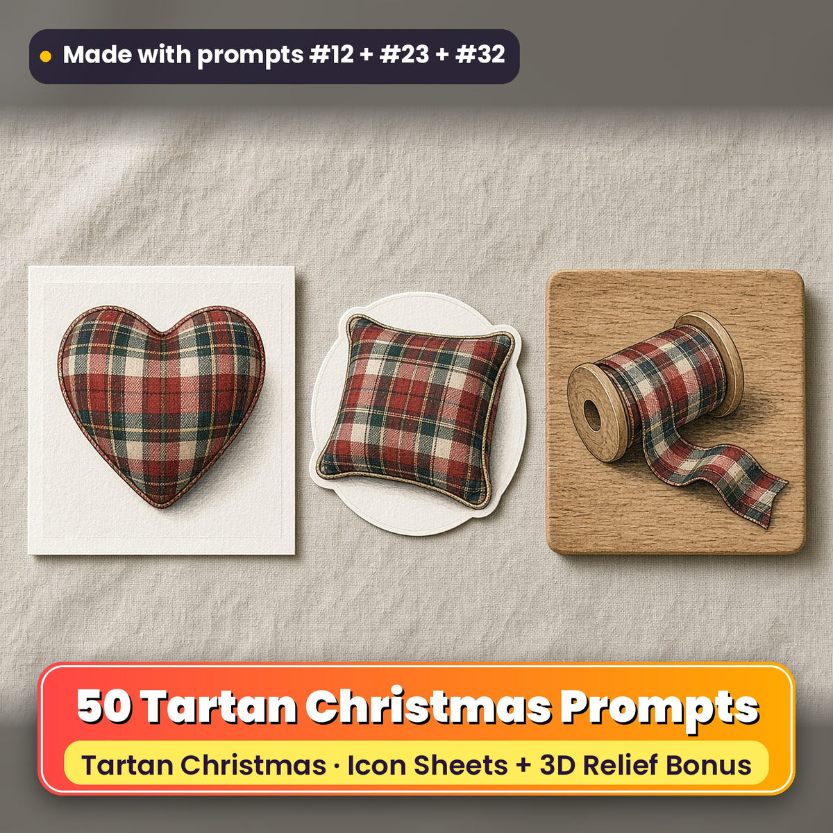 Tartan Christmas Icon Sheet Prompts: 50 prompts + 3D Relief bonus, with a printed greeting card, sticker and wooden plaque made with prompts #12, #23 and #32