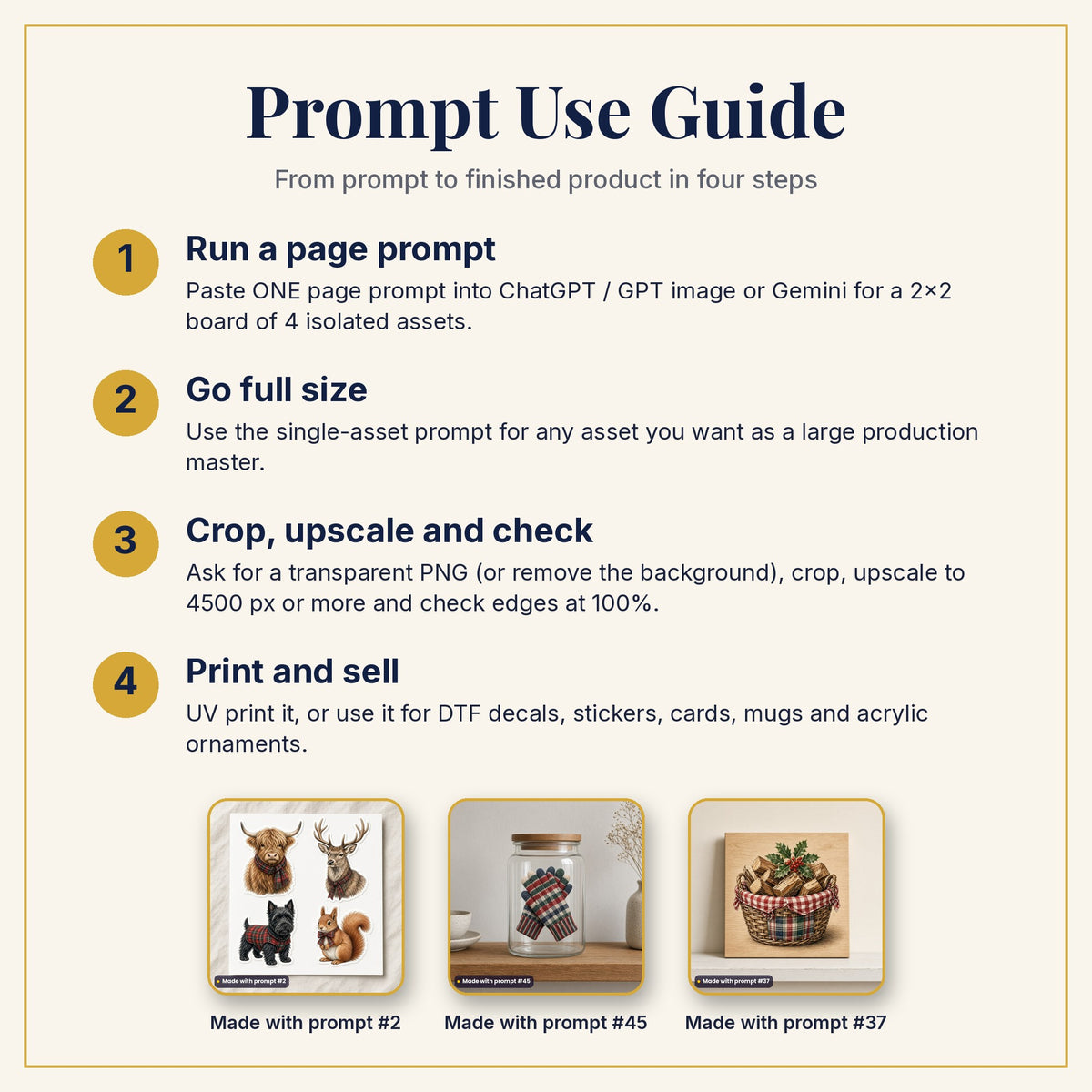 Prompt Use Guide: run a page prompt, go full size, crop and upscale, then print and sell, with products made with prompts #2, #45 and #37