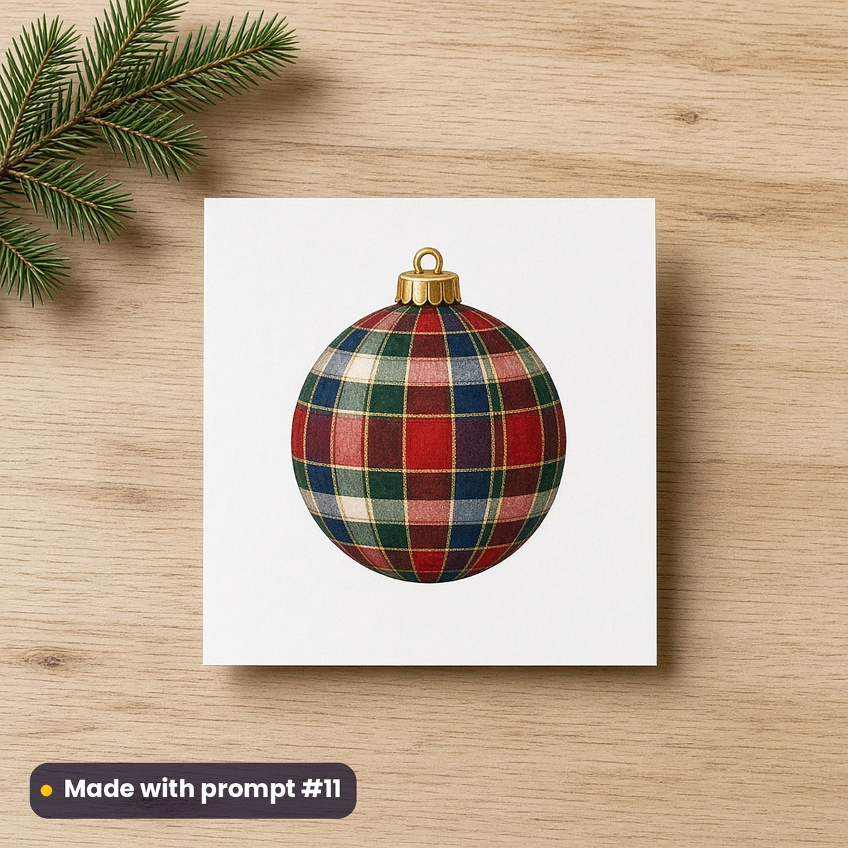 Tartan Christmas artwork on a flat-printed greeting card: tartan bauble, made with prompt #11 from this pack