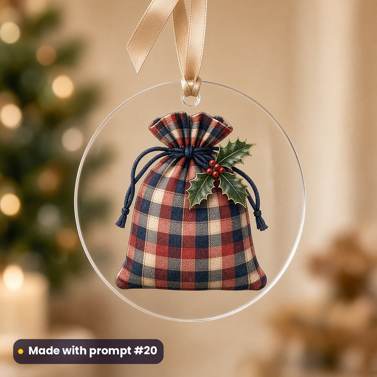 Tartan Christmas artwork on a UV-printed clear acrylic ornament: tartan gift bag, made with prompt #20 from this pack