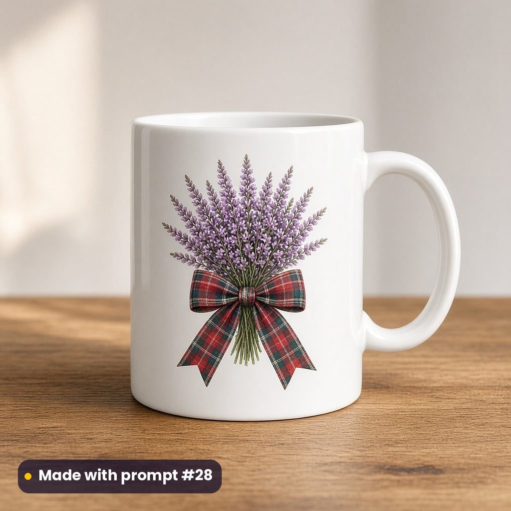 Tartan Christmas artwork on a UV-printed ceramic mug: heather bunch, made with prompt #28 from this pack