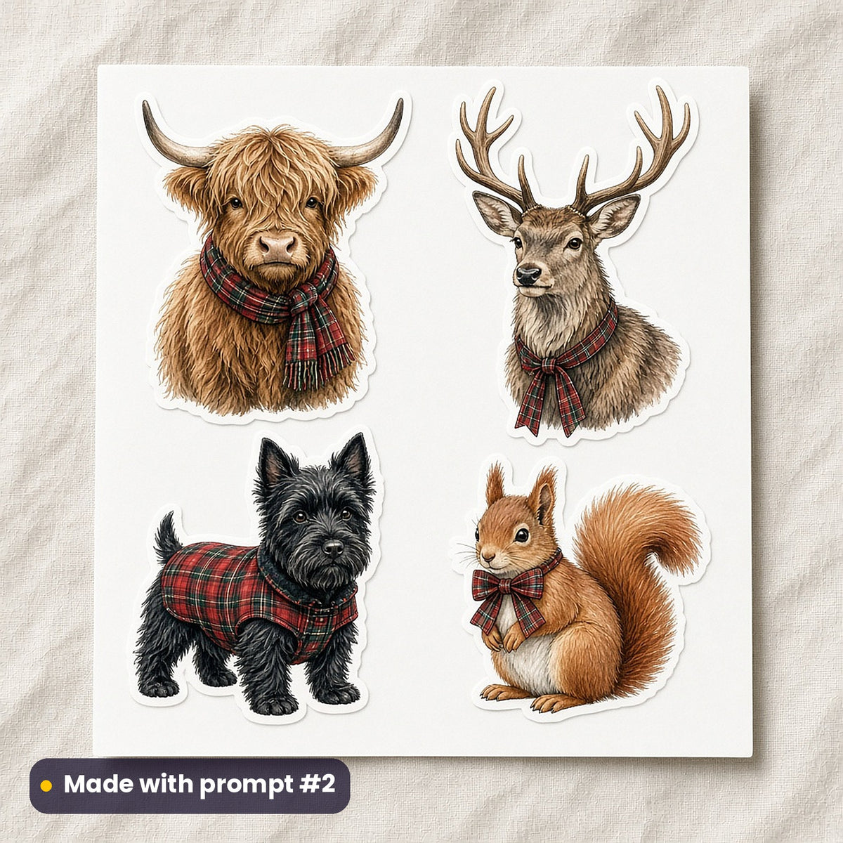 Tartan Christmas artwork on a die-cut vinyl sticker sheet: a sheet of four assets from page p02: highland animals, made with prompt #2 from this pack