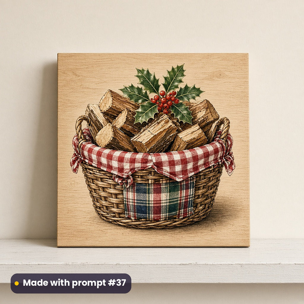 Tartan Christmas artwork on a UV-printed wooden plaque: log basket, made with prompt #37 from this pack