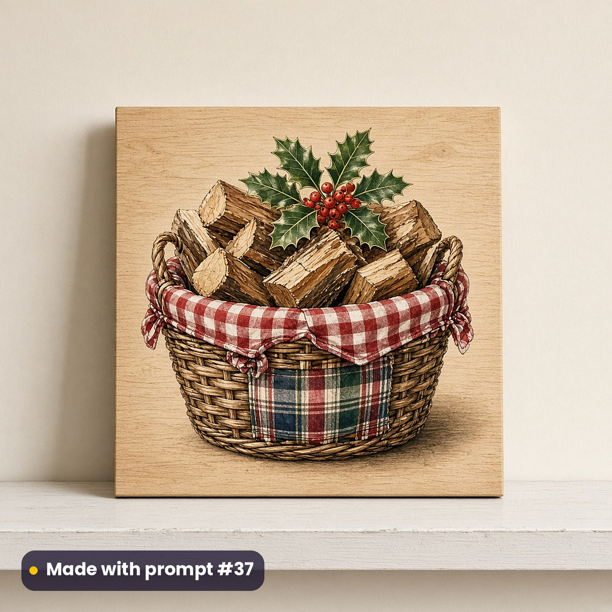 Tartan Christmas artwork on a UV-printed wooden plaque: log basket, made with prompt #37 from this pack
