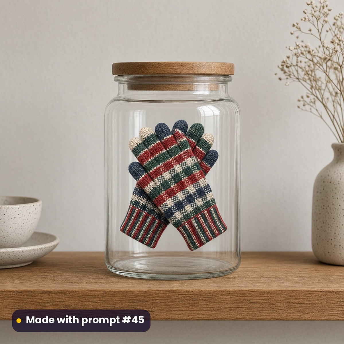 Tartan Christmas artwork on a UV DTF decal on a glass jar: tartan gloves, made with prompt #45 from this pack
