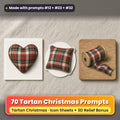 Tartan Christmas Icon Sheet Prompts: 70 prompts + 3D Relief bonus, with a printed greeting card, sticker and wooden plaque made with prompts #12, #23 and #32