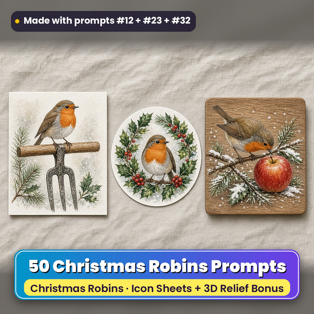 Christmas Robins Icon Sheet Prompts: 50 prompts + 3D Relief bonus, with a printed greeting card, sticker and wooden plaque made with prompts #12, #23 and #32