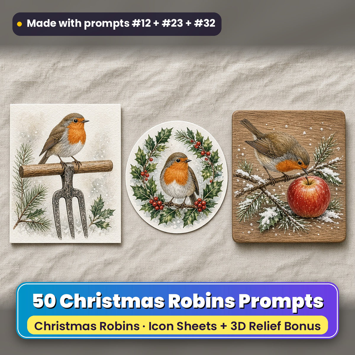 Christmas Robins Icon Sheet Prompts: 50 prompts + 3D Relief bonus, with a printed greeting card, sticker and wooden plaque made with prompts #12, #23 and #32