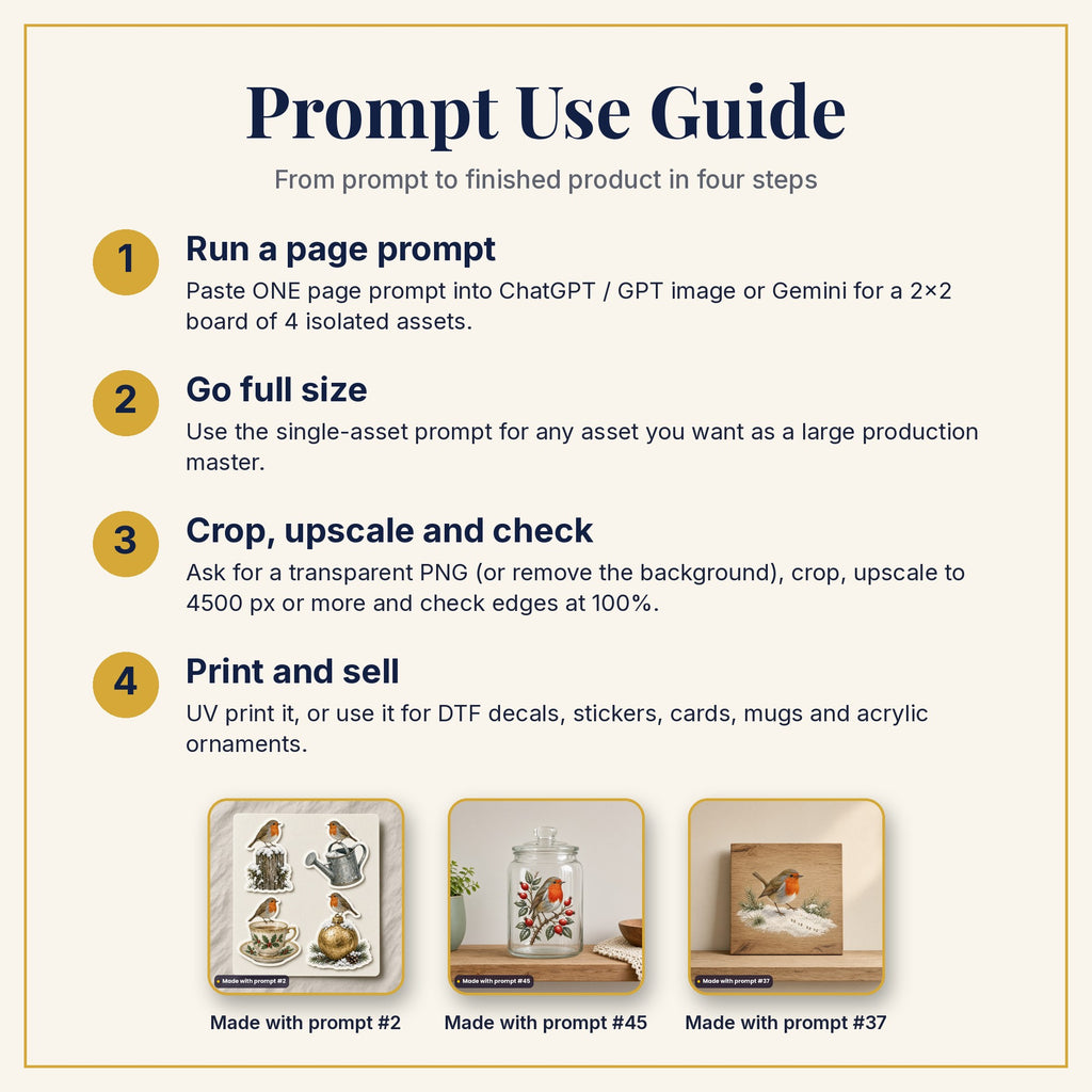 Prompt Use Guide: run a page prompt, go full size, crop and upscale, then print and sell, with products made with prompts #2, #45 and #37