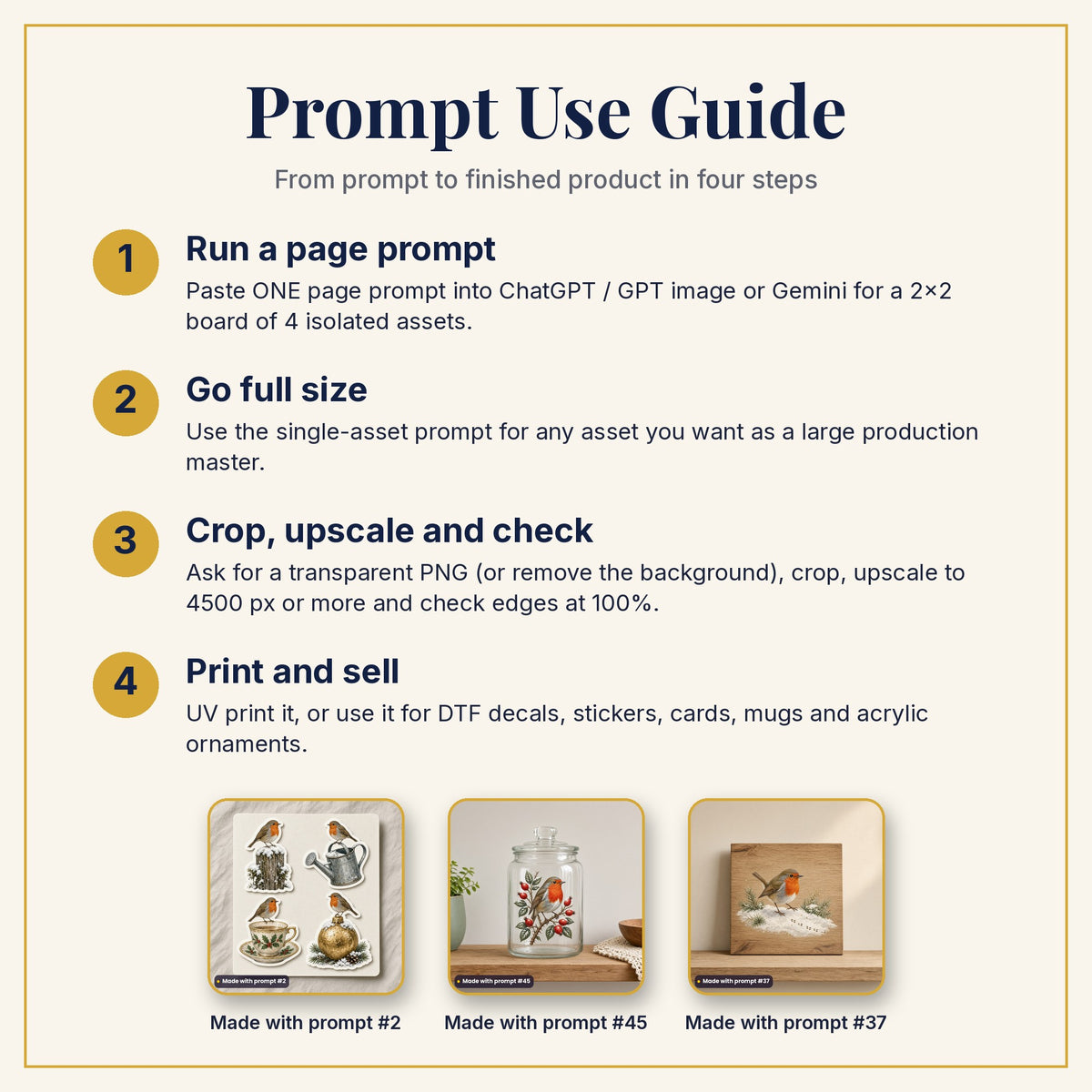 Prompt Use Guide: run a page prompt, go full size, crop and upscale, then print and sell, with products made with prompts #2, #45 and #37