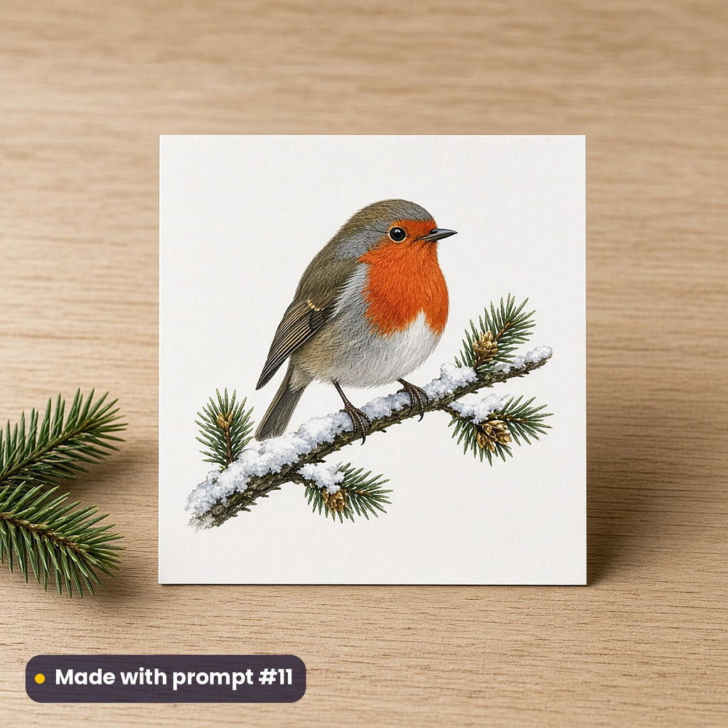 Christmas Robins artwork on a flat-printed greeting card: robin on a snowy branch, made with prompt #11 from this pack