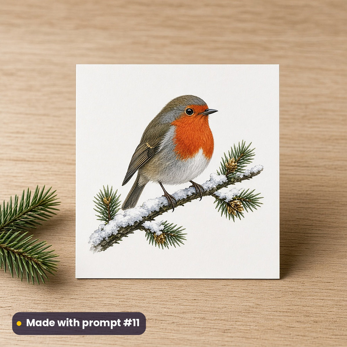 Christmas Robins artwork on a flat-printed greeting card: robin on a snowy branch, made with prompt #11 from this pack
