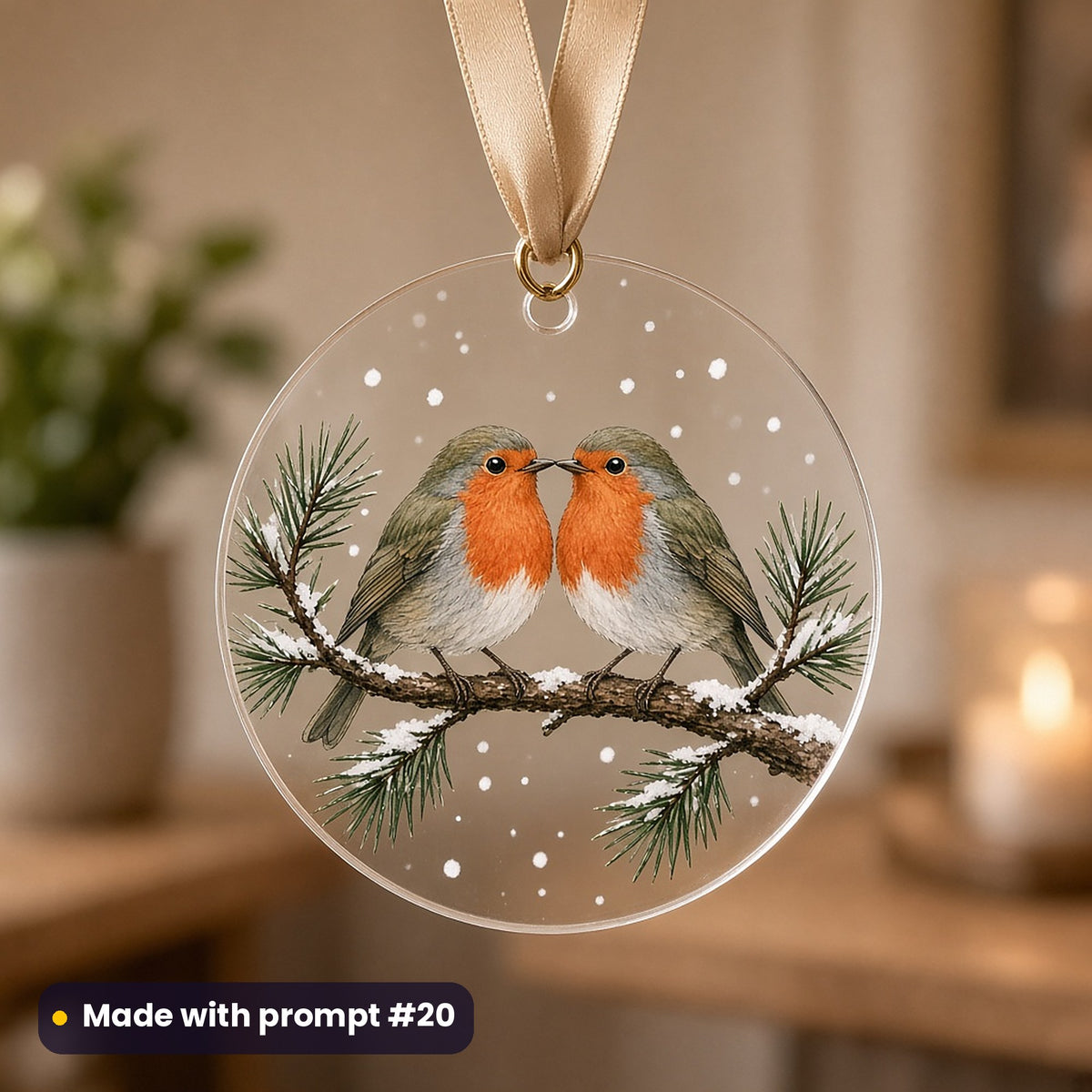 Christmas Robins artwork on a UV-printed clear acrylic ornament: robin pair with heart, made with prompt #20 from this pack