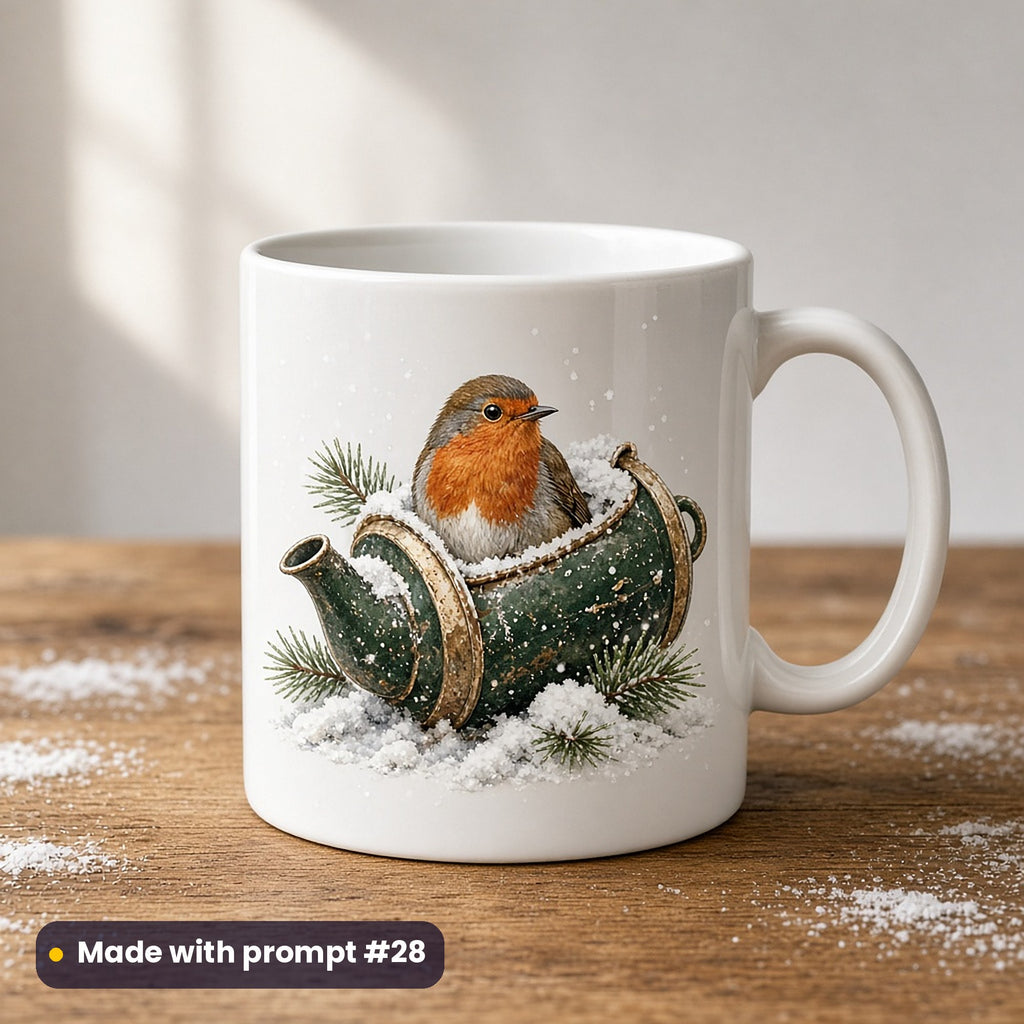 Christmas Robins artwork on a UV-printed ceramic mug: robin in a teapot, made with prompt #28 from this pack