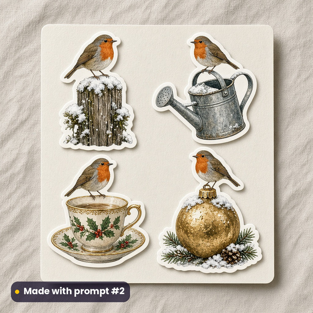 Christmas Robins artwork on a die-cut vinyl sticker sheet: a sheet of four assets from page p02: robin perches, made with prompt #2 from this pack