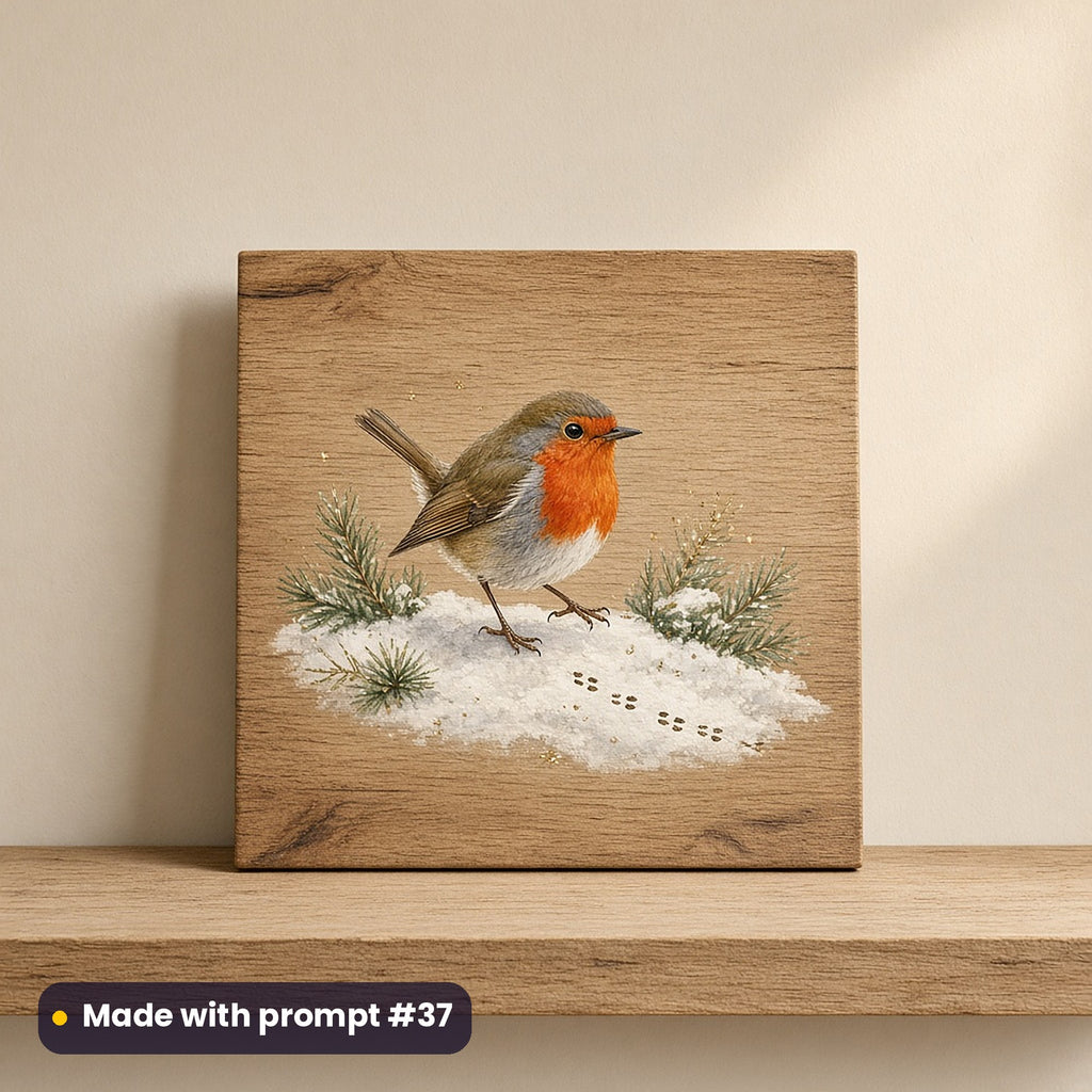 Christmas Robins artwork on a UV-printed wooden plaque: robin footprints, made with prompt #37 from this pack
