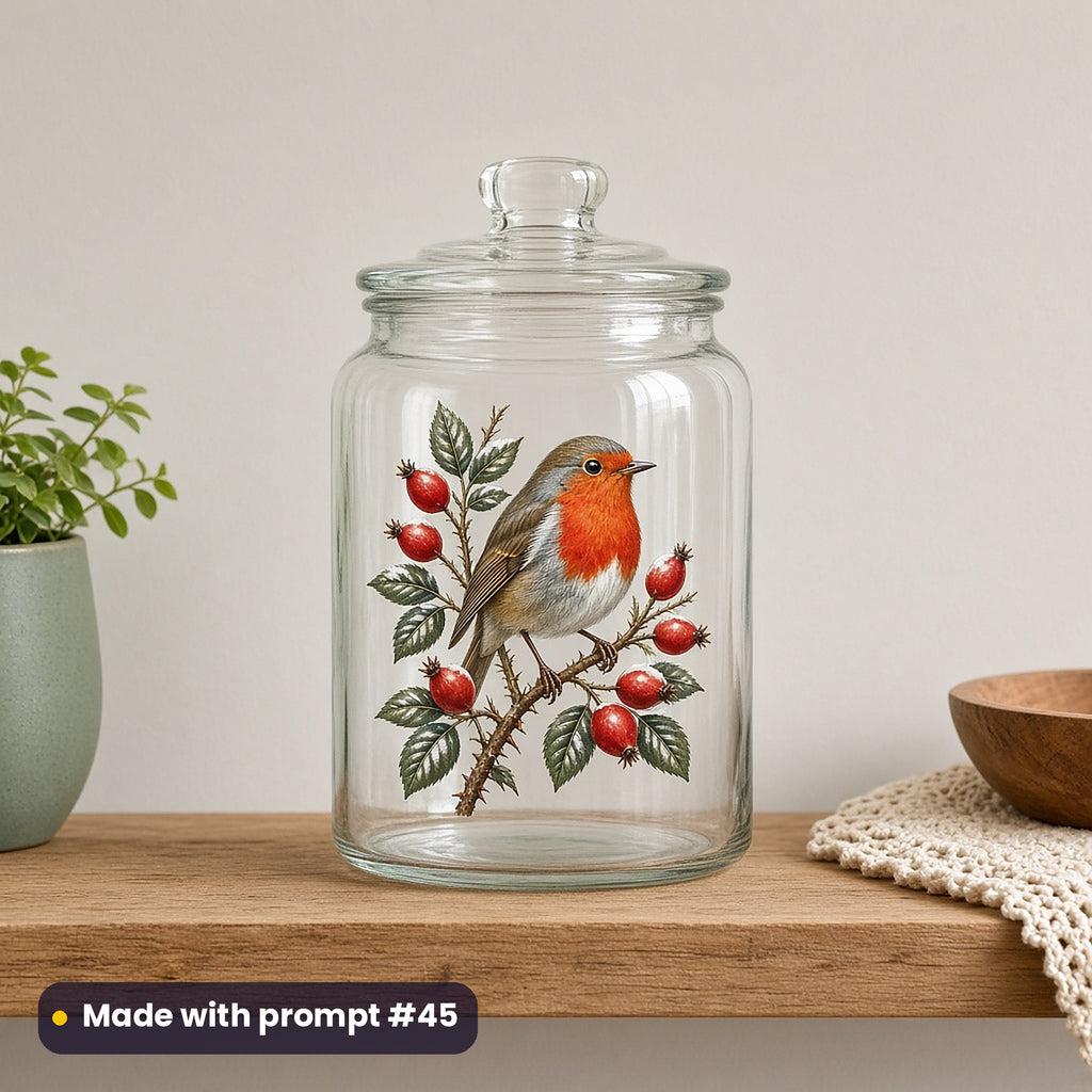 Christmas Robins artwork on a UV DTF decal on a glass jar: robin on rose hips, made with prompt #45 from this pack