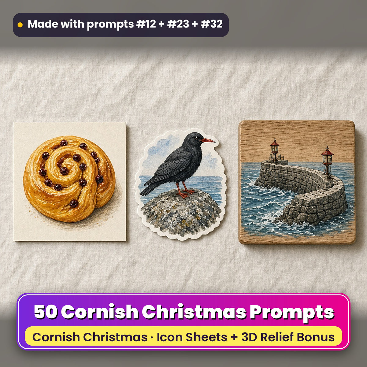 Cornish Christmas Icon Sheet Prompts: 50 prompts + 3D Relief bonus, with a printed greeting card, sticker and wooden plaque made with prompts #12, #23 and #32