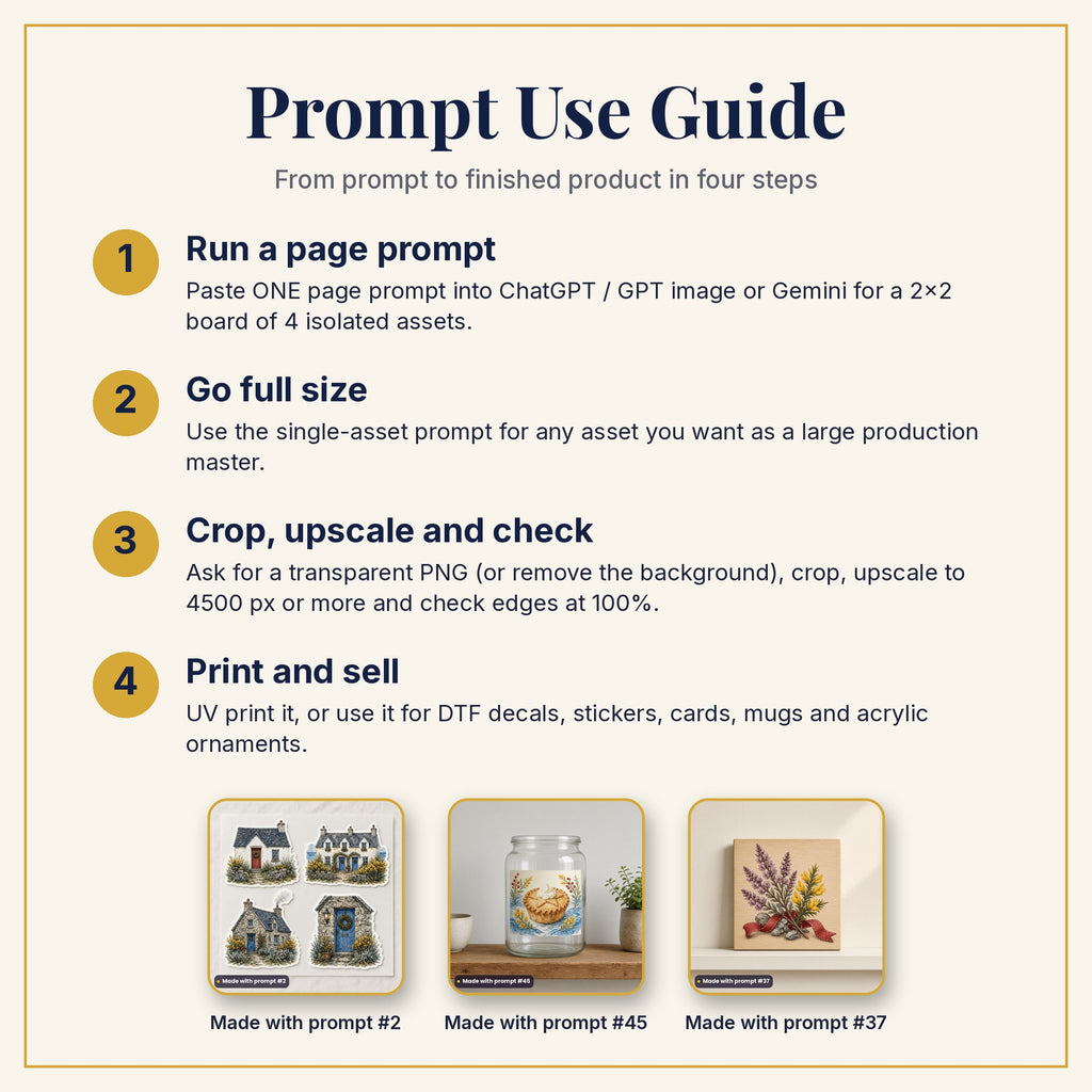 Prompt Use Guide: run a page prompt, go full size, crop and upscale, then print and sell, with products made with prompts #2, #45 and #37