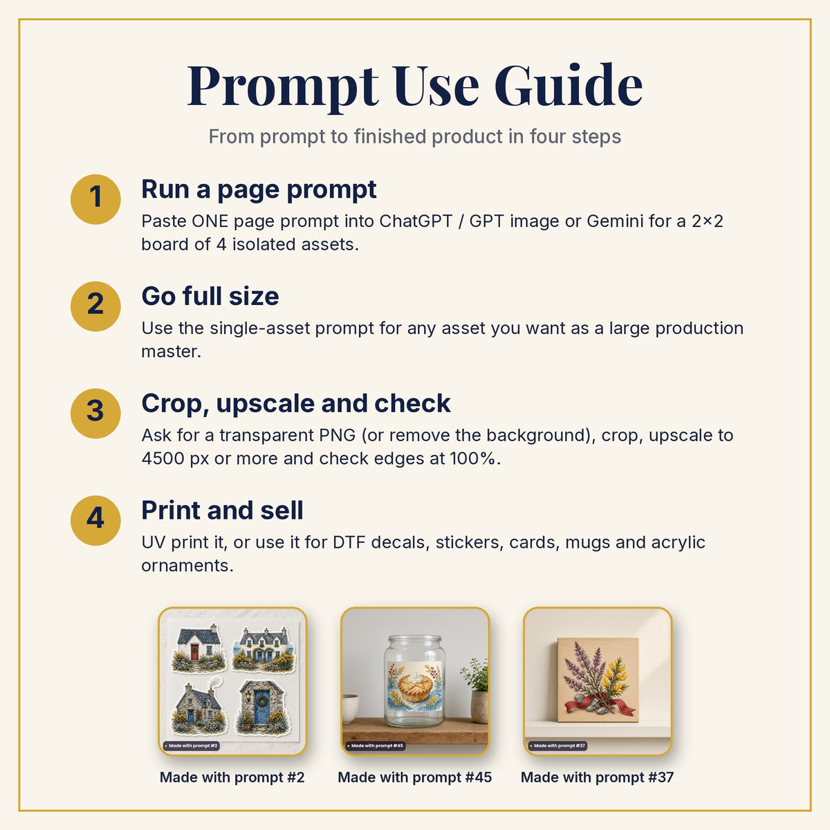 Prompt Use Guide: run a page prompt, go full size, crop and upscale, then print and sell, with products made with prompts #2, #45 and #37