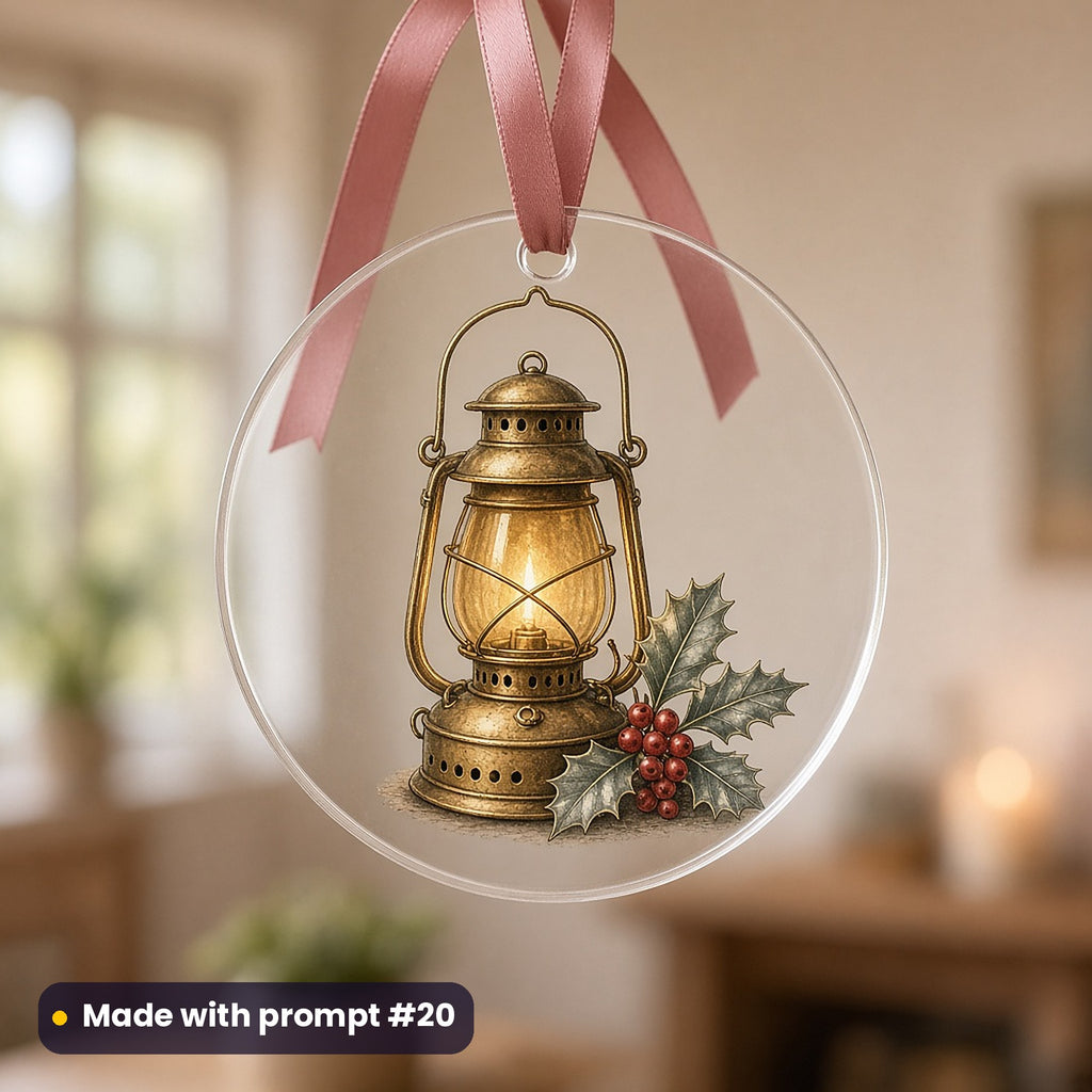 Cornish Christmas artwork on a UV-printed clear acrylic ornament: miner's lamp, made with prompt #20 from this pack