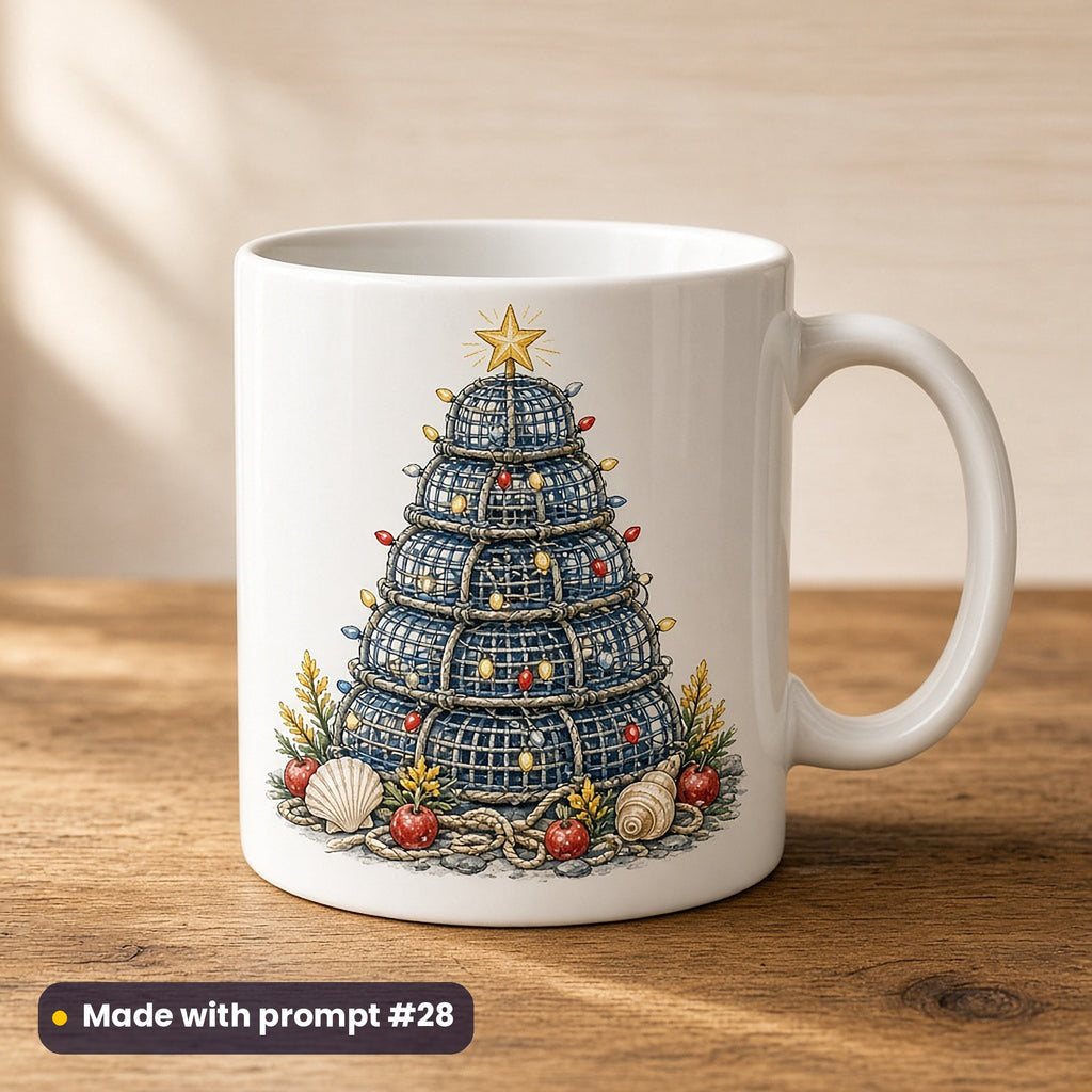 Cornish Christmas artwork on a UV-printed ceramic mug: crab pot tree, made with prompt #28 from this pack