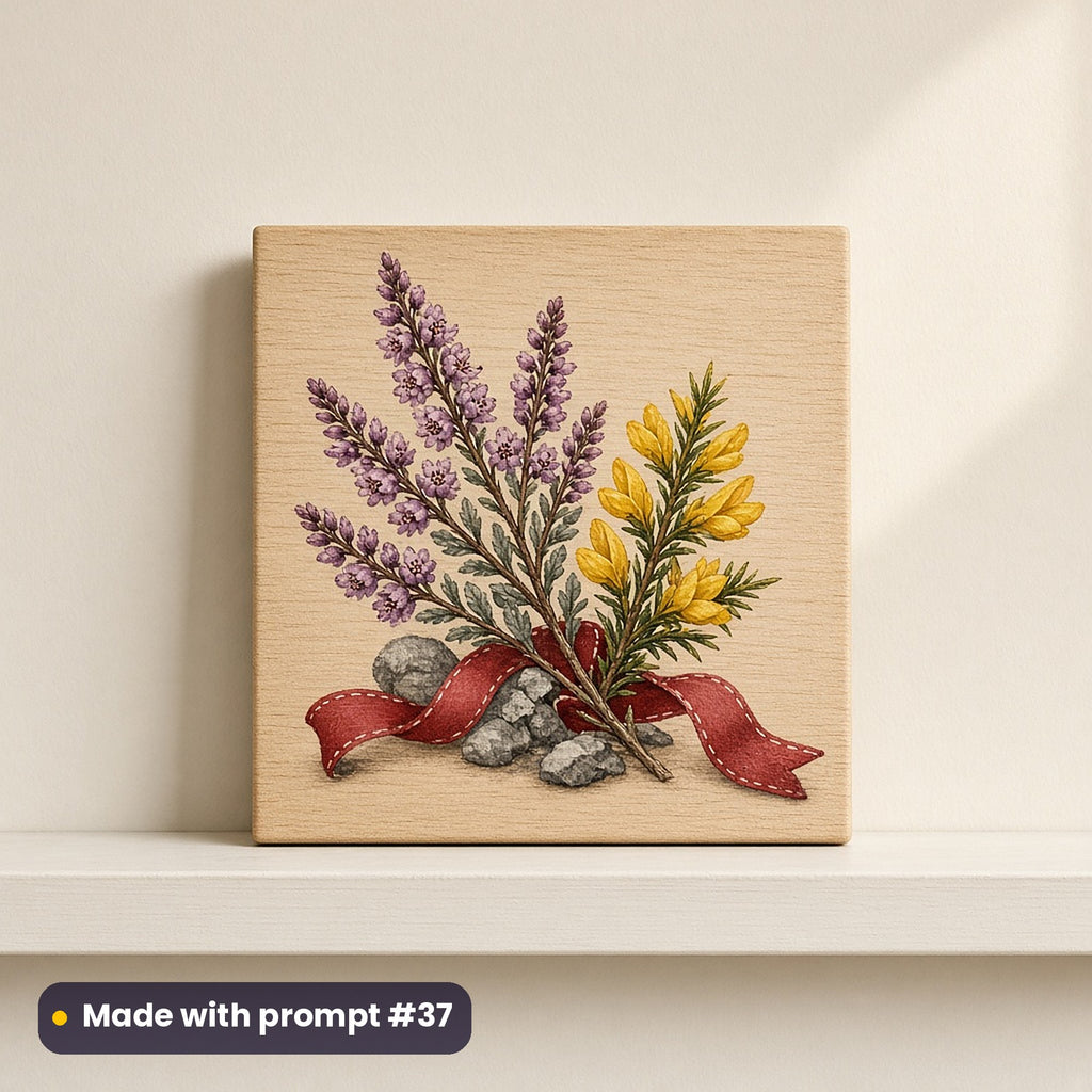 Cornish Christmas artwork on a UV-printed wooden plaque: heather moor, made with prompt #37 from this pack