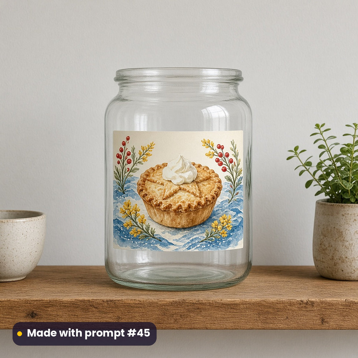 Cornish Christmas artwork on a UV DTF decal on a glass jar: mince pie with cream, made with prompt #45 from this pack