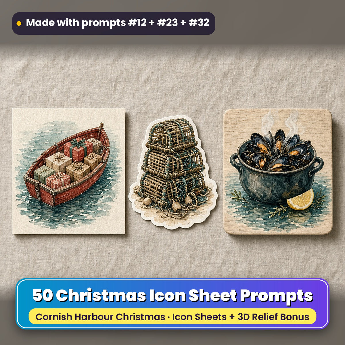 Cornish Harbour Christmas Icon Sheet Prompts: 50 prompts + 3D Relief bonus, with a printed greeting card, sticker and wooden plaque made with prompts #12, #23 and #32