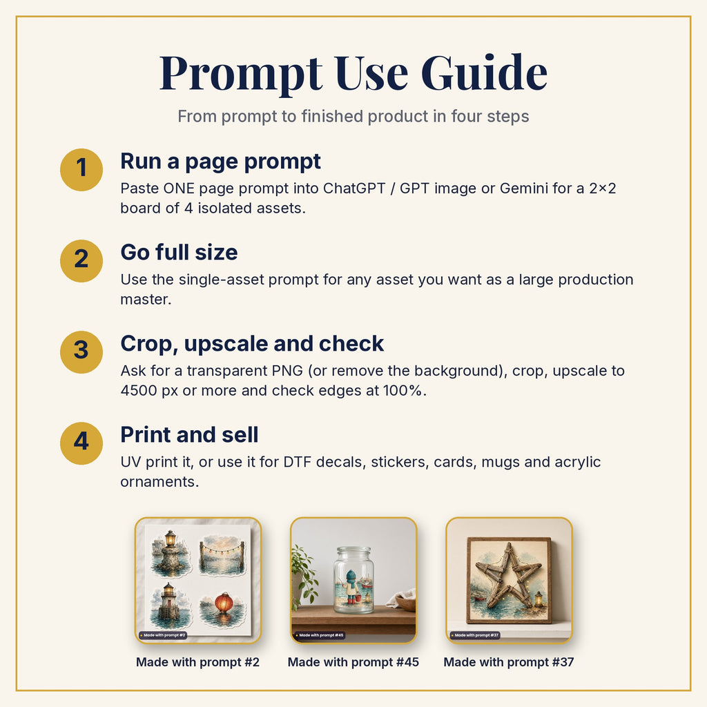 Prompt Use Guide: run a page prompt, go full size, crop and upscale, then print and sell, with products made with prompts #2, #45 and #37